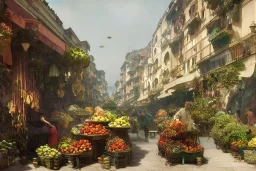 A greengrocer in colorful genoa street+Italian sea+alphonse mucha, greg rutkowski,matte painting, cryengine, hyper detailed, felix kelly, fantasy art, seb mckinnon