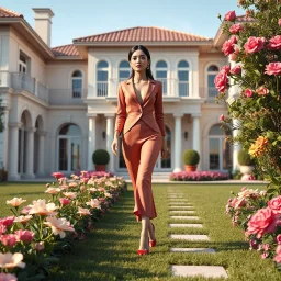 a fahion model beautiful lady with todays clothing modern high heels and makeup is walking in yard of a luxury villa next to flowers. High-quality CGI, octane render, 8k resolution, whimsical, adorable, clean composition. long shot ,4:3