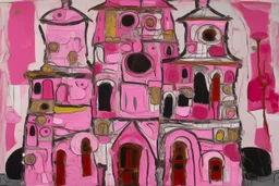 A pink castle of spirit mystery painted by Jean Dubuffet