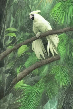 Rainforest, cockatoo flying, frontal, model style, hyper realistic, accurate, delicate, extremely detailed, Graphic novel style, wide-angle, front view, open aperture, superfine pencil