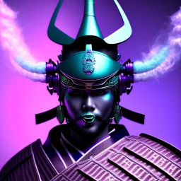 samurai purple masked villain in galaxy, teal and purple smoke, detailed, realistic, 4k