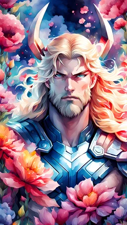 Abstract watercolor anime art of a Thor surrounded by flowers, 8k, stunning intricate details, by artgerm surreal 8K image