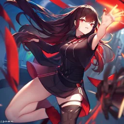 Clear focus,High resolution, black long hair, Vibrant red eyes, Emo, wearing a short skirt, kicking pose