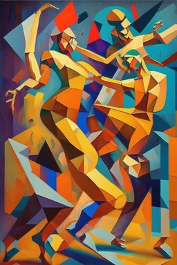 people, dancing, cubist painting, oil in canvas, splash, rust, geometric shapes, colorful