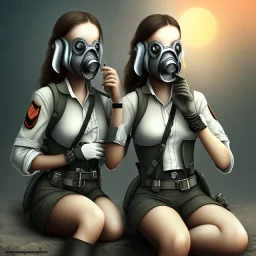 cute girls sitting at the computer in military gas masks. the masks are checkered.