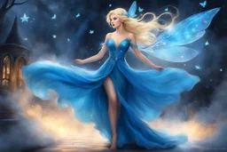 The modern blonde Faerie: Where she passes, heads turn as if drawn by some silk siren's song. blonde hair flows freely down her back, starlit skin aglow against a cerulean dress that leaves little to imagination. When jewel-bright eyes find yours across the smoke-hazed room, you feel the breath leave lungs all at once. She glides through crowds parting before her magnetism, until lone porchflower graces seat beside your own.
