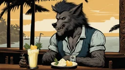 A werewolf drinking a Pina Colada at Trader Vic's. His hair is perfect. Illustration.