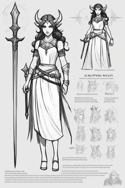 character concept sheet with AD&D statistics and characteristics, [illustration simple ligne claire black and white brush] playable character: Kalypso the pagan nymph, daughter of Khali. Linen dress, weapons: Amok dagger or staff, powers: empathy with darkness creatures, influence of evil