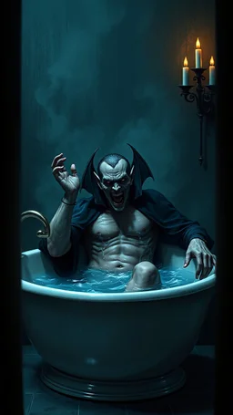 Bosch painting style nightmare , 3D , Count Dracula Taking a bath in bath top, background, high Quality picture , 8k