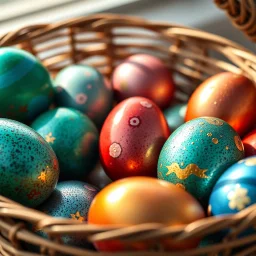 digital photograph of off-center modern basket colorful Easter eggs. eggs display intricate textures in azure, emerald, blush,red, crimson,gold, sapphire,metallic cinematic HDR backlighting highlights subtle dimples and glossy reflections, with shallow depth of field softening the sunlit background. hyperrealistic 8k resolution,