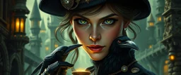 close up portrait of clever crow vintage thief quickling juggler woman in then elven magical green city of Forgotten Realms, myth drannor