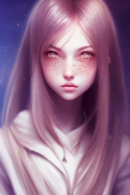 Realistic misterious Anime girl close and personal in warm abstract background