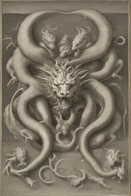 A three-headed dragon. The head on the left is the head of a lion, the head in the middle is the head of a man, and the head on the right is the head of a bull