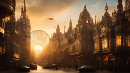 A whimsical city where buildings are made of intricate clockwork and gears, with streets paved in polished brass and airships floating lazily overhead, all bathed in the golden glow of a perpetual sunset. Rule of thirds. Award-winning photograph, 80mm focal length, chiaroscuro