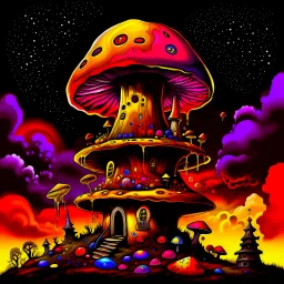 A fantabulous black, yellow, and red (((mushroom tower house))) erected atop a (geologic pillar), surrounded by the uncanny imaginative ((( swirling skies))), offset by the stark hues of a (neon-tinged nebulous space scape), within. captured by the hand a skilled master painter with a focus on (softly blurred compositions and voluminous lighting).