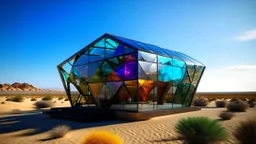 Futuristic multicolored glass house with complex geometric shapes, in a desert environment with dunes.