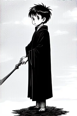 pallid 7 year old boy genie, necromancer, friendly,wearing black robes, with the lower body of a genie instead of legs, in the style of Harry Clarke