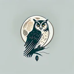 Owl + moon. Logo design minimalist. Soft colors. Dark. Sketch In the style of russian constructivism