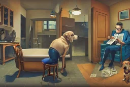 one Dog sat on a chair wearing a pair of glasses and reading the newspaper, another dog washing dishes in a sink in the background, surrealism, maximalism, dynamic lighting, dynamic movement, panorama, wide-angled lense, DSLR, intricately detailed