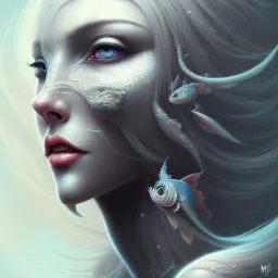 fantasy magic, intricate, sharp focus, illustration, highly detailed, digital painting, concept art, matte, masterpiece head sexy front view black blonde beauty space lady silver carp skin one head blonde nature night