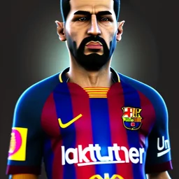 portrait of sadam hussain, head and torso, fc barcelona jersey number 1 0, dark blue, maroon red, unreal engine 5, trending on artstation, octane render