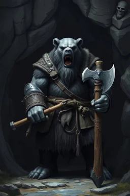 Giant dark grey cave bear barbarian with a rune covered great axe