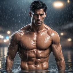 Hyper realistic Extremely Handsome shirtless with short black hair muscular man getting wet in a rainy night wearing black shirt