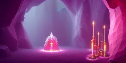 single pink crystal, on an altar in a foggy cave, cinematic,