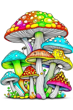 coloring book,Rainbow Shrooms,white background,no shadows and clear and well outlined