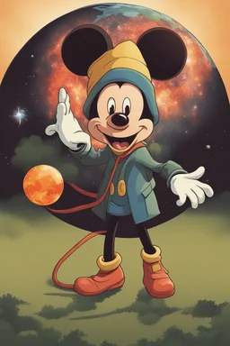 Mickey Mouse with a Supernova above the hand of an Earth person in a developed public park