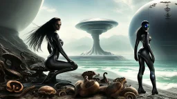 woman with dark hair in a silver robotic catsuit, standing on a futuristic alien beach with a crashed spaceship in the water, with mushrooms with octopus tentacles flying in the air