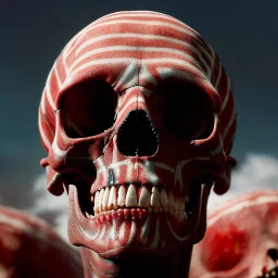 a picture of a dark, comedic, anatomically correct wall of red white and blue tightly packed stacked skulls of varying sizes and expressions, photo realistic, insanely meticulous, highly detailed, part of a collection of bones on display, 64k, dystopian, vray, anatomically correct