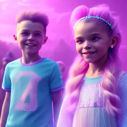 A portrait of a crystalised kids,smiling, longs hairs, atmospheric, realistic,, cinematic lighting, octane render,, pink turquoise light