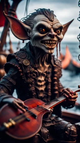 portrait of a vampire werewolf goblin gremlin with mustage smoking a violin blood of fish on a viking ship, in the style of Giger,bokeh like f/0.8, tilt-shift lens 8k, high detail, smooth render, down-light, unreal engine, prize winning