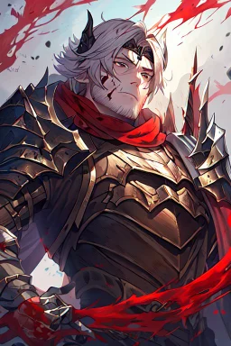 Armored Male Blood Knight Elf by manhwa or korean webtoon style there are lightning and blood spurts around the man, his face pointed at the camera, and with a serious look he lets his opponent know that it's his turn