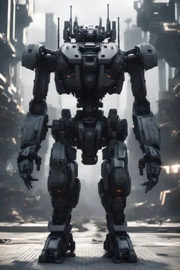 Man standing infront of Black mech front view, hitech Futuristic 3d render, vray, uhd, detailed, hdr, 8k, photorealistic, dramatic lighting, hawken graphic design abstract 3d hitech technological HAWKEN photorealistic uhd 8k VRAY highly detailed HDR