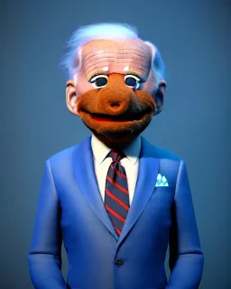 Waist up Portrait, joe Biden as muppet doll, Blue suit retro style, photo studio, city background, unreal engine 5, concept art, art station, god lights, ray tracing, RTX, lumen lighting, ultra detail, volumetric lighting, 3d.