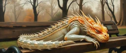 master oil painting by Rembrandt, close up portrait of transparent translucent dragon sleeping on a bench in the park