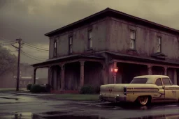 pristine flathead ratrod parked in front of an old house, medium shot, pixar style, sharp, very detailed, city, police station, atmospheric,night lighting,rainy, realistic, unity engine, cinematic lighting, octane render.