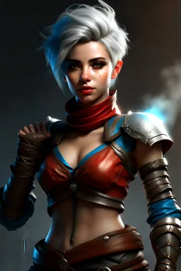 create a female air genasi from dungeons and dragons, dark gray short hair, light blue eyes, wind like hair, wearing red leather clothing, realistic, from waist up, digital art, high resolution, strong lighting