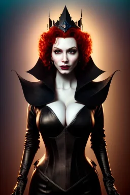 Christina Hendricks as evil queen in black leather, leather, busty, cleavage, angry, stern look. character design by cory loftis, fenghua zhong, ryohei hase, ismail inceoglu and ruan jia. unreal engine 5, artistic lighting, highly detailed, photorealistic, fantasy