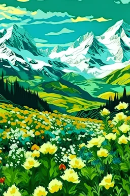 Espacio verde con flores y montañas con nieve al estilo van gogh