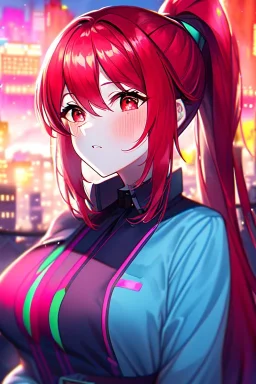 girl, masterpiece, best quality, cinematic lighting, detailed outfit, perfect eyes, red hair, red eyes, long hair, ponytail, Cityscape anime, girl with modern fashion, pastel colors and neon lights, illustrated, vibrant colors, detailed close up portrait, cinematic lighting, trending in artstation, watercolor effects, sharp focus.