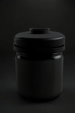 Black protein powder container, lid besided the container, screw lid, round container, black studio, black background, dark setting, no labels on the container, very detailed, realism, high quality