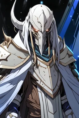 Anime alien villain character with white skin, huge , antagonist smart,too much modern armour and wearing a robe cover half of his head , aged thousand years
