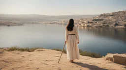 [the time of Jesus] close to the old town of Nazareth, a view on the Lake of Genesareth. a young woman in linen dress, she has her wooden rod she looks at the people down around the shore