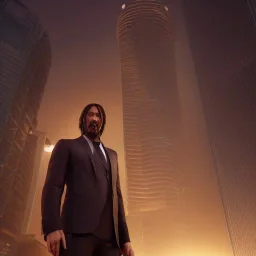 Portrait of john wick, background Singapore's Marina Bay Sands and merlion statue, 8k resolution concept art portrait by Greg Rutkowski, Artgerm, WLOP, Alphonse Mucha dynamic lighting hyperdetailed intricately detailed Splash art trending on Artstation triadic colors Unreal Engine 5 volumetric lighting, mappa studios