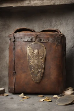 in the BASEMENT there is an old, broken brown oblong leather chest with short handles, with a hole on the side, gold coins from the time of Catherine the Great fall out of it. The ancient coat of arms of tsarist Russia, the double-headed eagle, is BARELY VISIBLE on the bag. All in high quality 8K