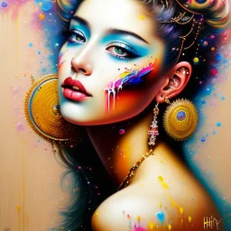 iv_a painting of a young woman, figurative art, an acrylic detailed painting, , brush strokes, paint drips and drabs and splatters by Harumi Hironaka, turquoise pink and yellow, james terrell art, trending on artstation, soft lines,intricate art by bastien lecouffe deharme and greg rutkowski