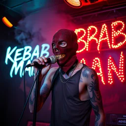 a very thin swedish man, with a skimask with only a hole for the mouth (no eyes), he is called "KEBAB MAN" performing at death metal club, his name is "KEBAB MAN" kebab rolls On stage, kebab Neon lights and smog, and "KEBAB MAN" big sign on the wall, kebab tribal tattooes, spinning kebab machines, flames and smoke, chaos, he singing with mic,